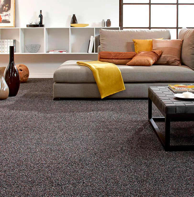 Sala moderna con sillón cómodo y alfombra destacada en el centro del espacio