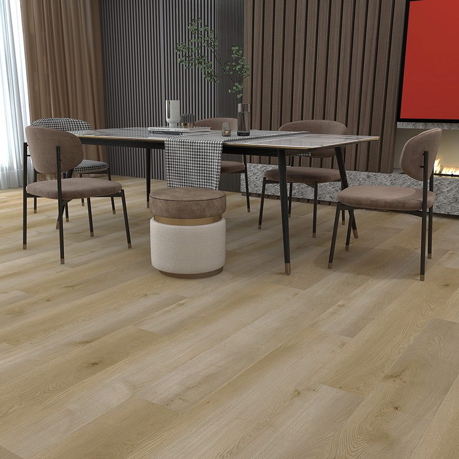 Piso SPC con acabado tipo madera en comedor elegante, creando un espacio cálido y contemporáneo.