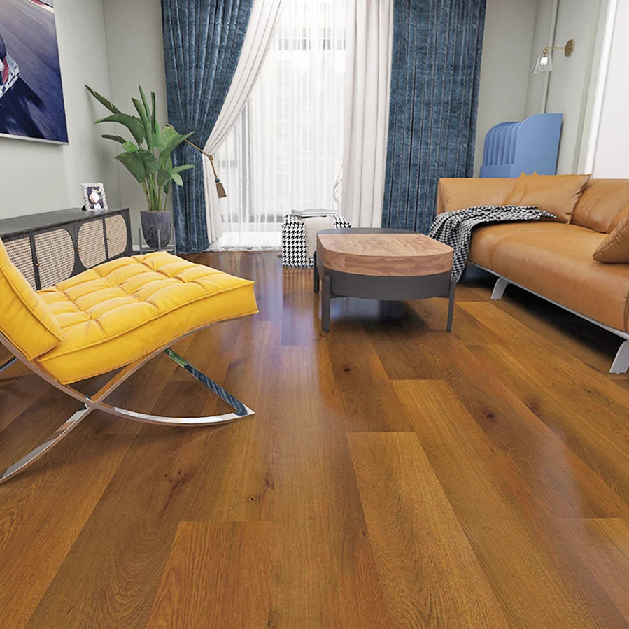 Piso SPC con apariencia de madera en una sala moderna, combinando estilo y durabilidad en un ambiente acogedor.