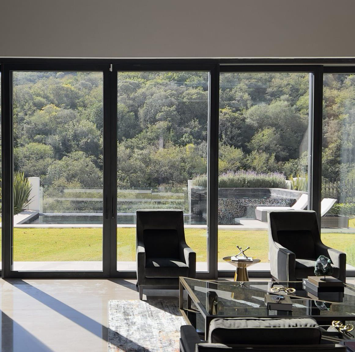 Ventanas grandes negras en una sala elegante.